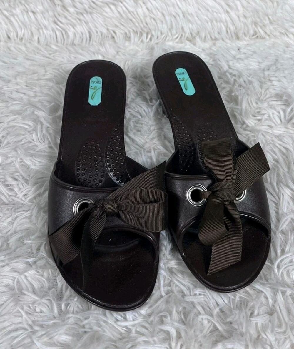 Oka B Womens Bow Slip On Peep Toe Sandals Slides Shoes Water Beach Size M Brown